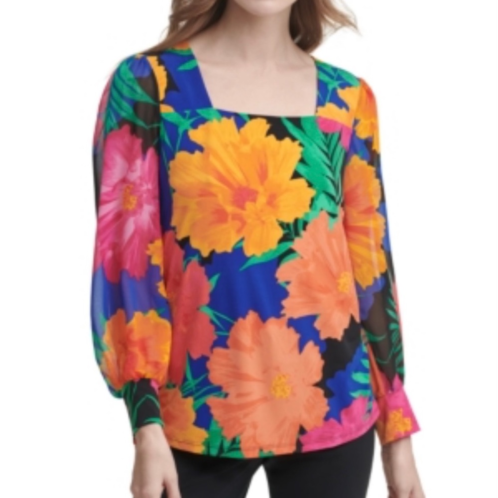 Calvin Klein Women’s Square Neck Floral Blouse Ballon Sleeve Plus Size